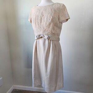 Vintage 50s 60s Beige Cream Bridal Lace 2 Pc Church Dress Set Sheath Mad Men S/M